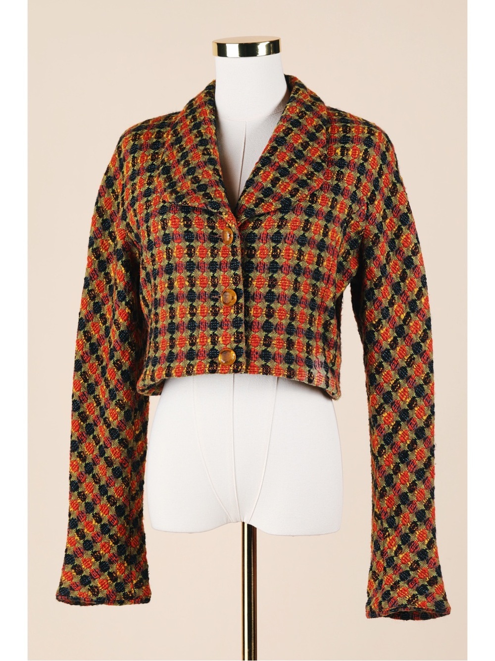 Sz 6 Aura VIrgin Wool Blend Cropped Checkered Print Blazer Suit Jacket GUC